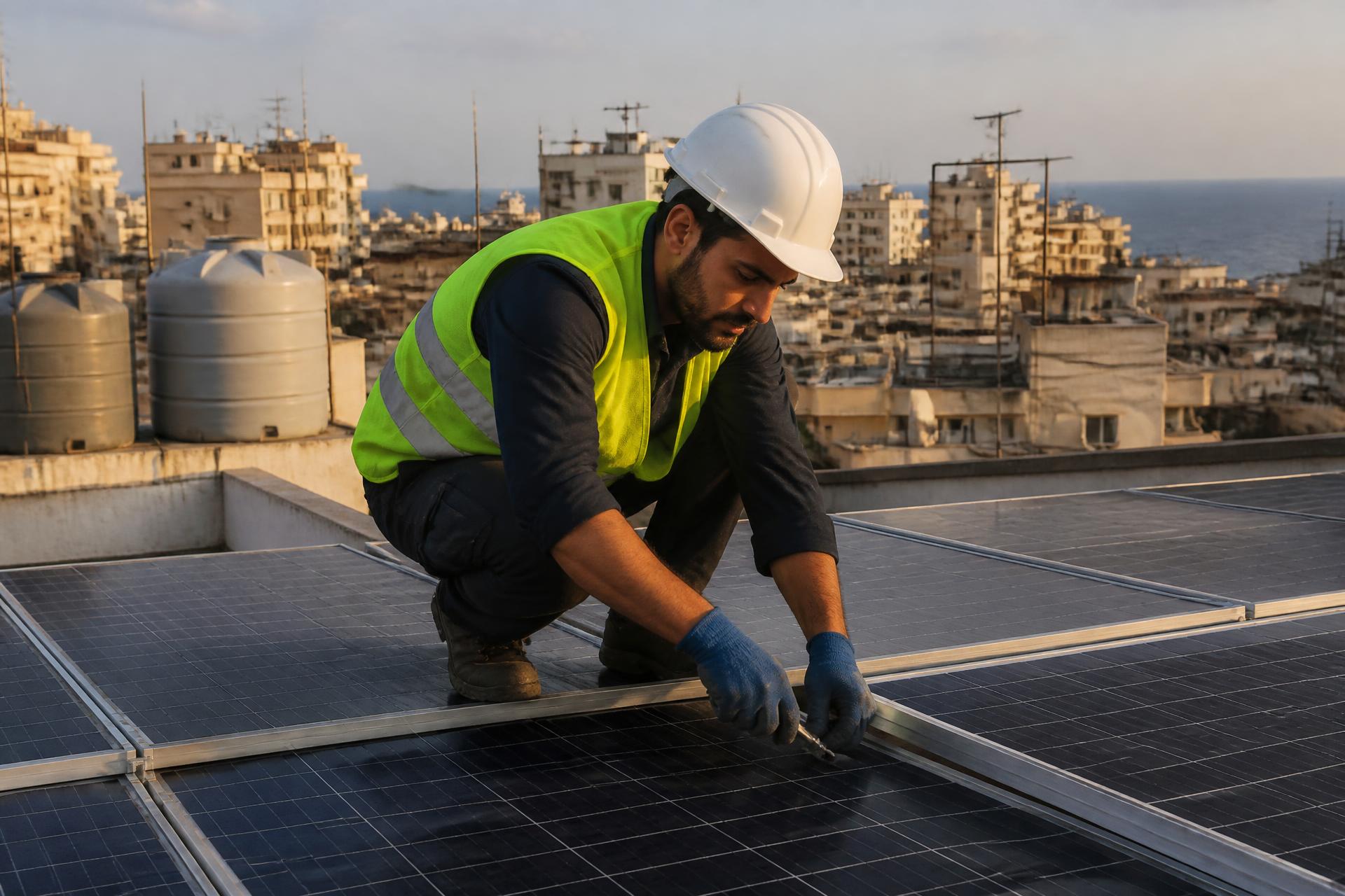 Solar technician in a hard hat and high-visibility vest fastening photovoltaic panels on a rooftop in Beirut